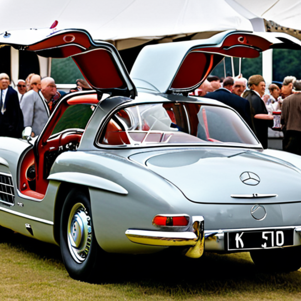 **

A vintage Mercedes-Benz 300 SL "Gullwing" (Flügeltürer) at a classic car show. Focus on the car's iconic design, elegant lines, and the admiring gaze of onlookers. The atmosphere should be one of nostalgia and timeless beauty, highlighting the craftsmanship and historical significance.

**