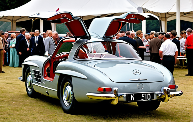 **
A vintage Mercedes-Benz 300 SL "Gullwing" (Flügeltürer) at a classic car show. Focus on the car's iconic design, elegant lines, and the admiring gaze of onlookers. The atmosphere should be one of nostalgia and timeless beauty, highlighting the craftsmanship and historical significance.
**