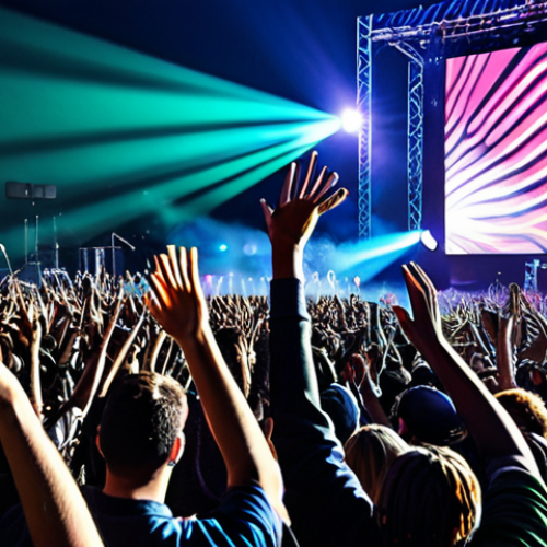 A large, diverse group of adults, fully clothed in modest, contemporary festival attire, joyfully raising their hands in unison at a vibrant outdoor Hip-Hop festival during an evening performance. The massive stage in the background features an intricate, high-tech light show with dynamic laser beams and colorful LED screen visuals displaying abstract patterns. Subtle fog effects create an electrifying and immersive atmosphere, with powerful sound speakers visible on the sides of the stage. The energy is palpable, showcasing collective euphoria and shared passion for music. safe for work, appropriate content, fully clothed, family-friendly, perfect anatomy, correct proportions, natural pose, well-formed hands, proper finger count, natural body proportions, professional photography, high quality, cinematic lighting.