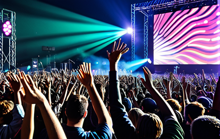 A large, diverse group of adults, fully clothed in modest, contemporary festival attire, joyfully raising their hands in unison at a vibrant outdoor Hip-Hop festival during an evening performance. The massive stage in the background features an intricate, high-tech light show with dynamic laser beams and colorful LED screen visuals displaying abstract patterns. Subtle fog effects create an electrifying and immersive atmosphere, with powerful sound speakers visible on the sides of the stage. The energy is palpable, showcasing collective euphoria and shared passion for music. safe for work, appropriate content, fully clothed, family-friendly, perfect anatomy, correct proportions, natural pose, well-formed hands, proper finger count, natural body proportions, professional photography, high quality, cinematic lighting.