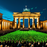 Sustainable Drone Art**

"A nighttime cityscape in Berlin, Germany, featuring a drone swarm creating an image of a green leaf in the sky. The drones are small and discreet. Below, a crowd of people are watching, fully clothed in autumn attire, looking amazed. Focus on reducing light pollution with muted colors. Include the Brandenburg Gate in the background. safe for work, appropriate content, fully clothed, professional, modest, perfect anatomy, correct proportions, natural pose, well-formed hands, proper finger count, natural body proportions."

**