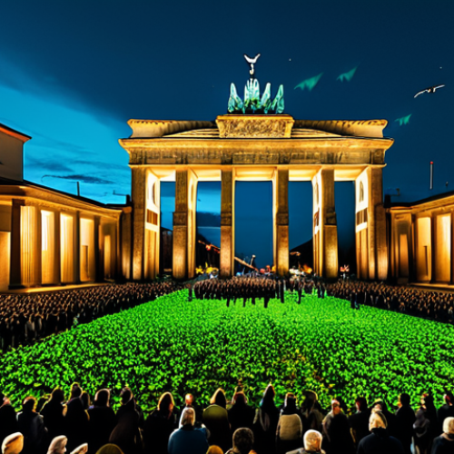 Home 23 Sustainable Drone Art**
"A nighttime cityscape in Berlin, Germany, featuring a drone swarm creating an image of a green leaf in the sky. The drones are small and discreet. Below, a crowd of people are watching, fully clothed in autumn attire, looking amazed. Focus on reducing light pollution with muted colors. Include the Brandenburg Gate in the background. safe for work, appropriate content, fully clothed, professional, modest, perfect anatomy, correct proportions, natural pose, well-formed hands, proper finger count, natural body proportions."
**