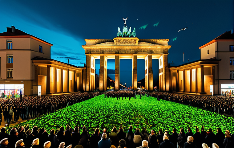 Sustainable Drone Art**
"A nighttime cityscape in Berlin, Germany, featuring a drone swarm creating an image of a green leaf in the sky. The drones are small and discreet. Below, a crowd of people are watching, fully clothed in autumn attire, looking amazed. Focus on reducing light pollution with muted colors. Include the Brandenburg Gate in the background. safe for work, appropriate content, fully clothed, professional, modest, perfect anatomy, correct proportions, natural pose, well-formed hands, proper finger count, natural body proportions."
**
