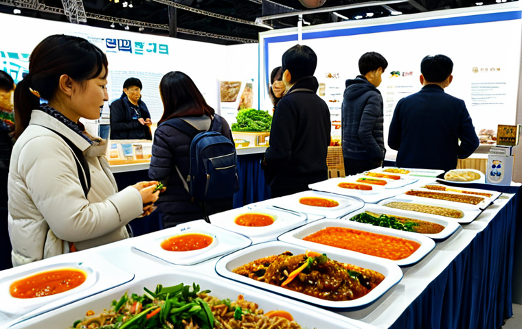 Sustainable Korean Cuisine**
"A brightly lit exhibition booth at the K-Food Messe, showcasing colorful vegan Korean dishes like Bibimbap and Bulgogi made with plant-based ingredients. Focus on fresh, organic produce and traditional Korean fermentation techniques. Include signage promoting sustainable farming practices and fair trade. People browsing the booth are diverse and casually dressed. Fully clothed, appropriate content, safe for work, professional food photography, perfect anatomy, natural proportions, modest display."
**