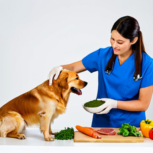 Barfing (Raw Feeding) Demonstration**

"A professional veterinarian demonstrating the preparation of a biologically appropriate raw food (BARF) meal for a Golden Retriever, featuring fresh meat, vegetables, and bone supplements.  Indoor setting, bright studio lighting.  Safe for work, appropriate content, fully clothed veterinarian, professional demonstration, perfect anatomy of dog, correct proportions, well-formed paws, proper toe count, natural pose, high quality, detailed, educational."

**