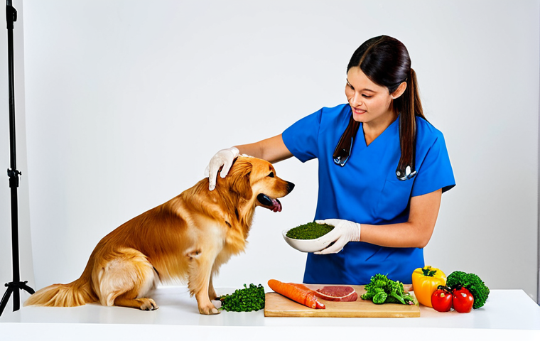 Barfing (Raw Feeding) Demonstration**

"A professional veterinarian demonstrating the preparation of a biologically appropriate raw food (BARF) meal for a Golden Retriever, featuring fresh meat, vegetables, and bone supplements.  Indoor setting, bright studio lighting.  Safe for work, appropriate content, fully clothed veterinarian, professional demonstration, perfect anatomy of dog, correct proportions, well-formed paws, proper toe count, natural pose, high quality, detailed, educational."

**