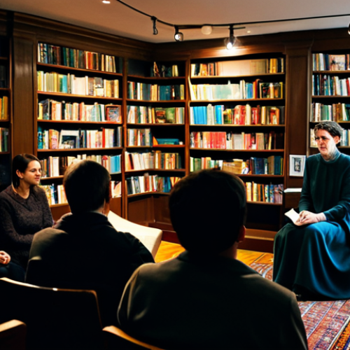 Home 8 시 낭송회 일정 - Live Poetry Reading**
A cozy bookstore interior, filled with people listening attentively to a fema...