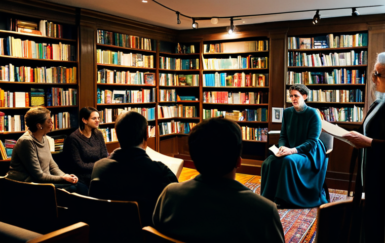 시 낭송회 일정 - Live Poetry Reading**
A cozy bookstore interior, filled with people listening attentively to a fema...