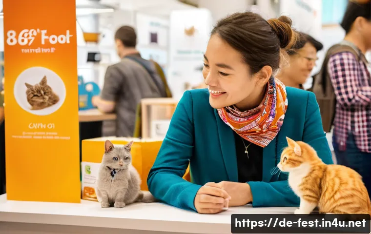 반려묘 박람회 정보 - **A Vibrant Cat Fair, Showcasing Sustainable Innovations:**
A bustling indoor cat fair, brightly...