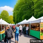 Home 21 비건 페스티벌 2025 - A vibrant outdoor vegan food festival scene in Germany, showcasing colorful stalls with regional spe...