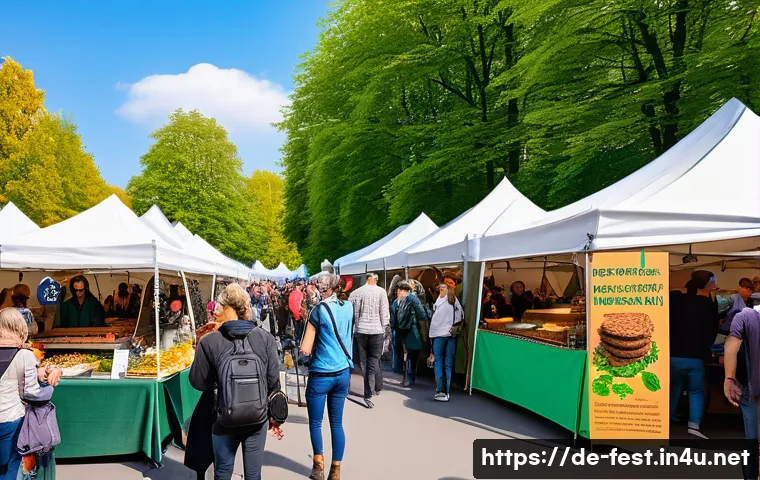 비건 페스티벌 2025 - A vibrant outdoor vegan food festival scene in Germany, showcasing colorful stalls with regional spe...