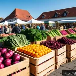 Home 19 비건 라이프스타일 축제 - A vibrant farmers' market scene in Germany during early autumn, showcasing a wide variety of fresh, ...