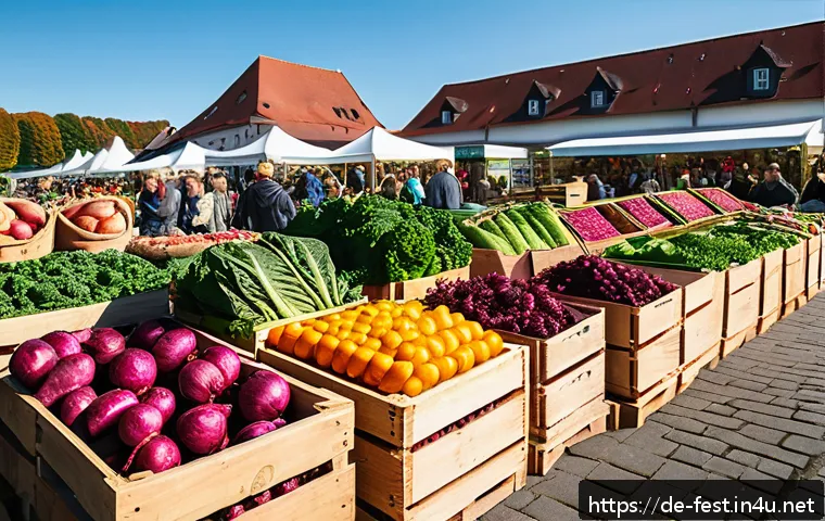 비건 라이프스타일 축제 - A vibrant farmers' market scene in Germany during early autumn, showcasing a wide variety of fresh, ...