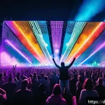 Home 18 EDM 페스티벌 후기 - A vibrant EDM festival scene at night in Germany, featuring a large crowd dancing energetically to a...
