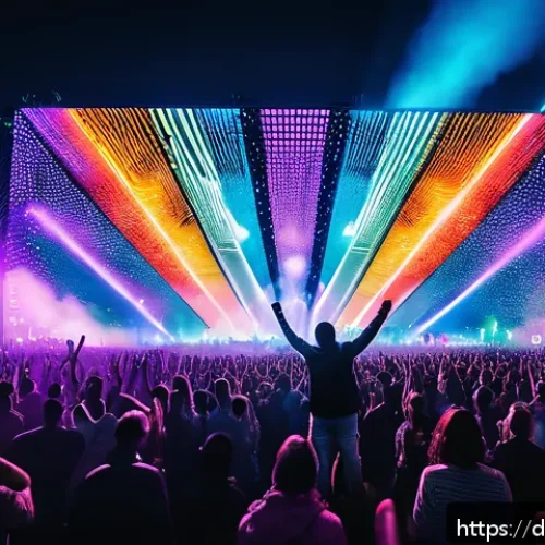Home 30 EDM 페스티벌 후기 - A vibrant EDM festival scene at night in Germany, featuring a large crowd dancing energetically to a...