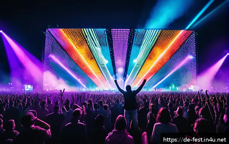 EDM 페스티벌 후기 - A vibrant EDM festival scene at night in Germany, featuring a large crowd dancing energetically to a...