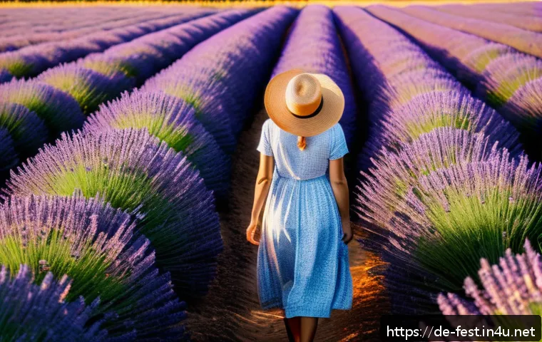 라벤더 농장 방문기 - A vast lavender field in the L&uuml;neburger Heide region during golden hour, with endless rows of vibran...