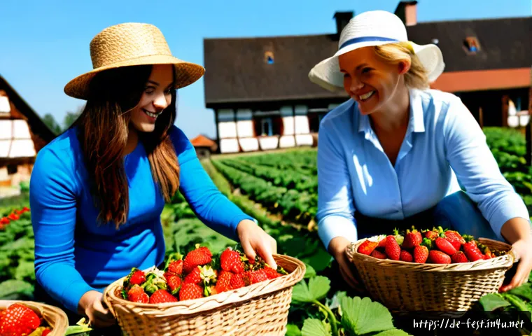 딸기 축제 농장 체험 - Photorealistic strawberry festival farm experience in the German countryside, cheerful multigenerati...